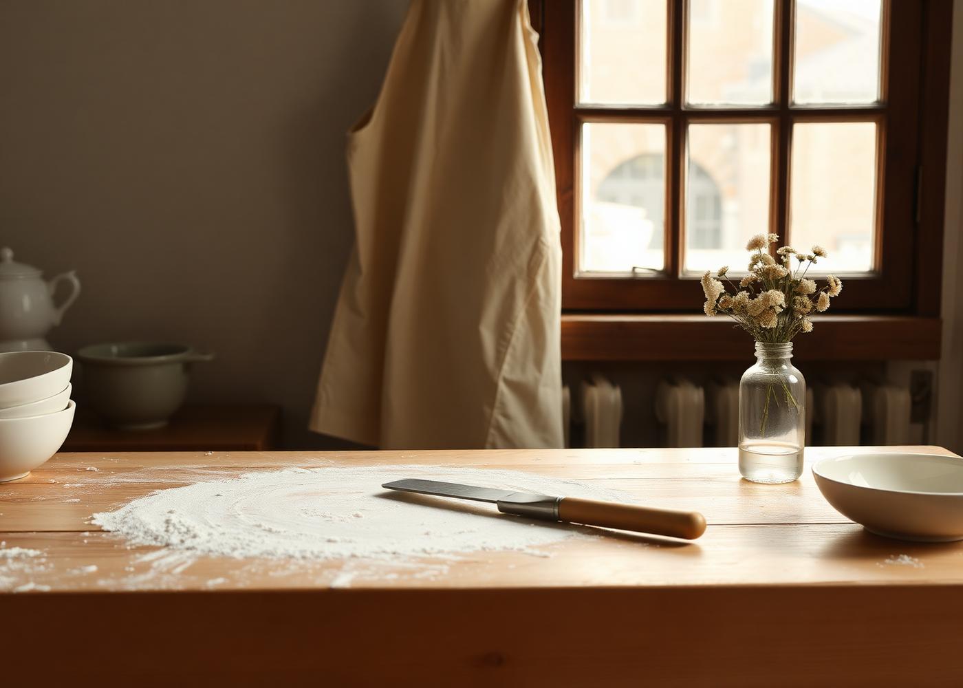A floured wooden bakery workbench in soft morning light