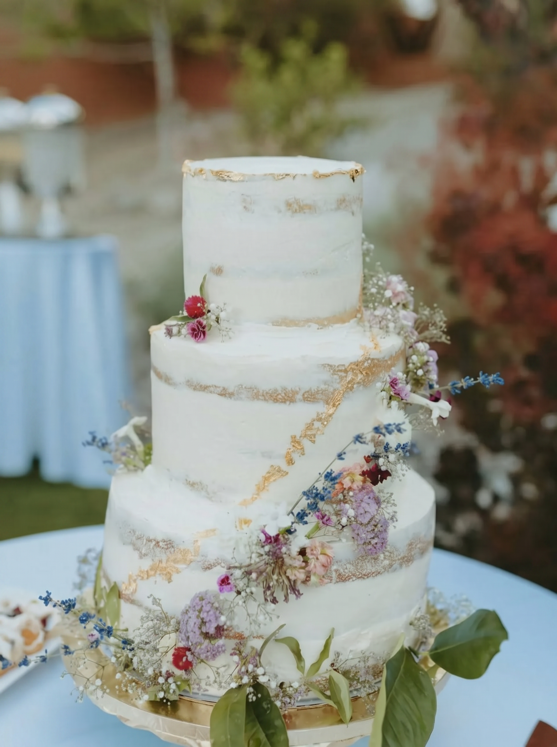 A three-tier semi-naked wedding cake with gold leaf and pressed wildflowers