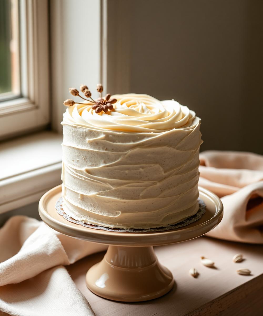 A single tier textured buttercream cake with dried flowers