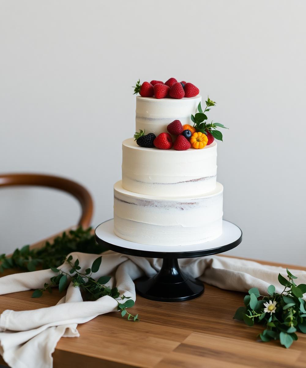 A three tier buttercream cake with fresh fruit and greenery
