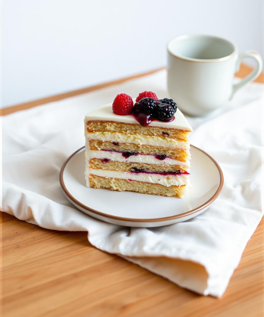 A slice of layer cake showing buttercream and berry compote