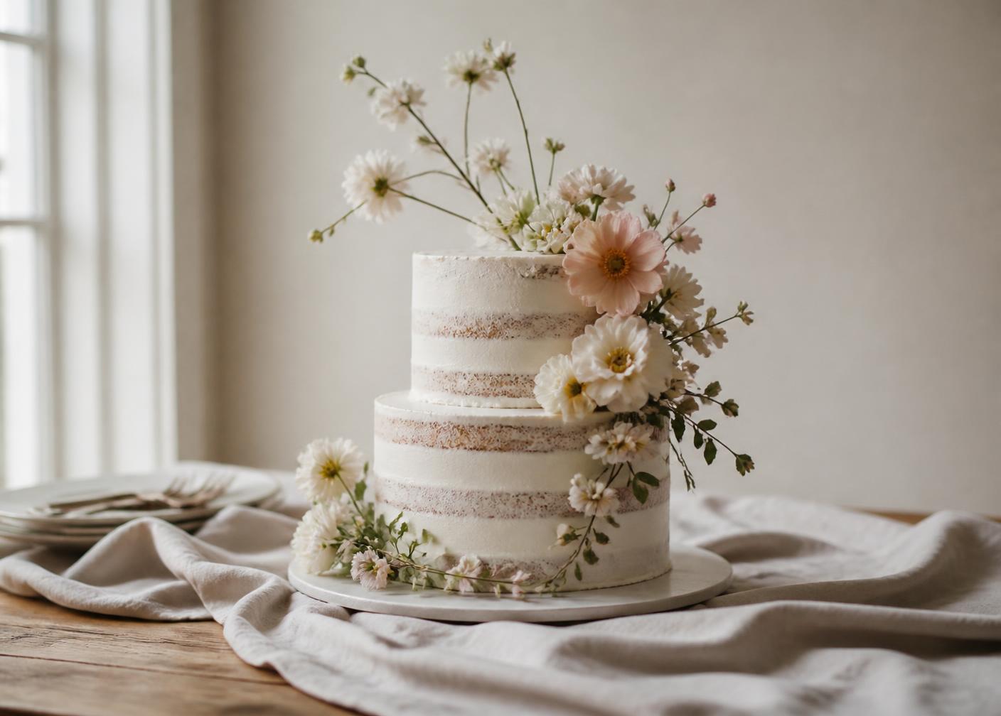 A two tier buttercream wedding cake with fresh garden flowers
