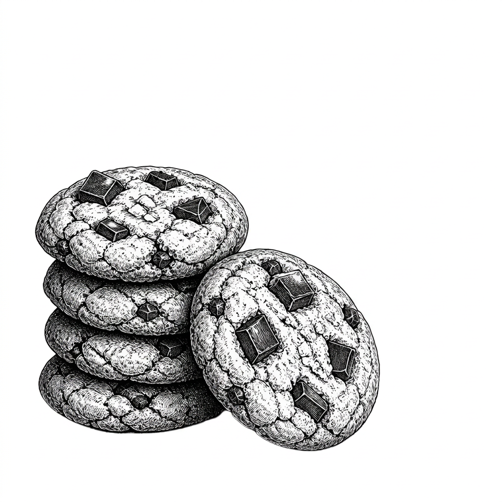 Pen-and-ink illustration of brown butter chocolate cookies