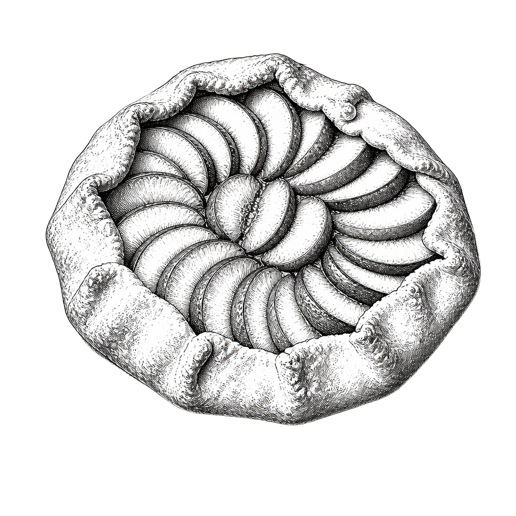 Pen-and-ink illustration of stone fruit galette