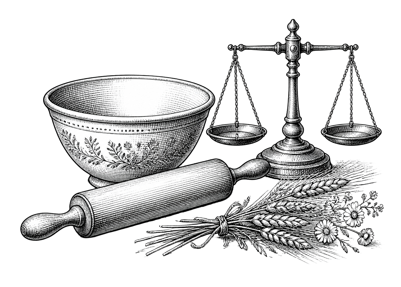 Pen-and-ink illustration of a mixing bowl, rolling pin, balance scale and a bundle of wheat