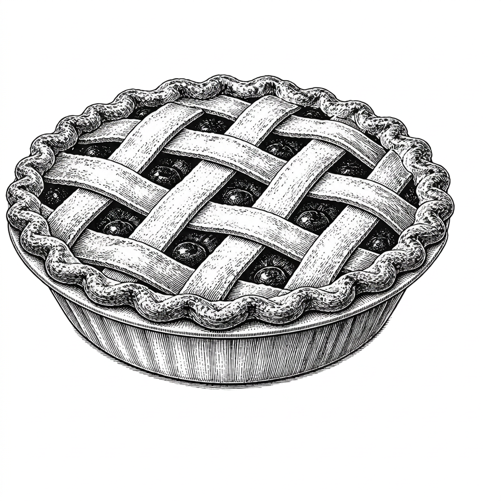 Pen-and-ink illustration of market fruit pie